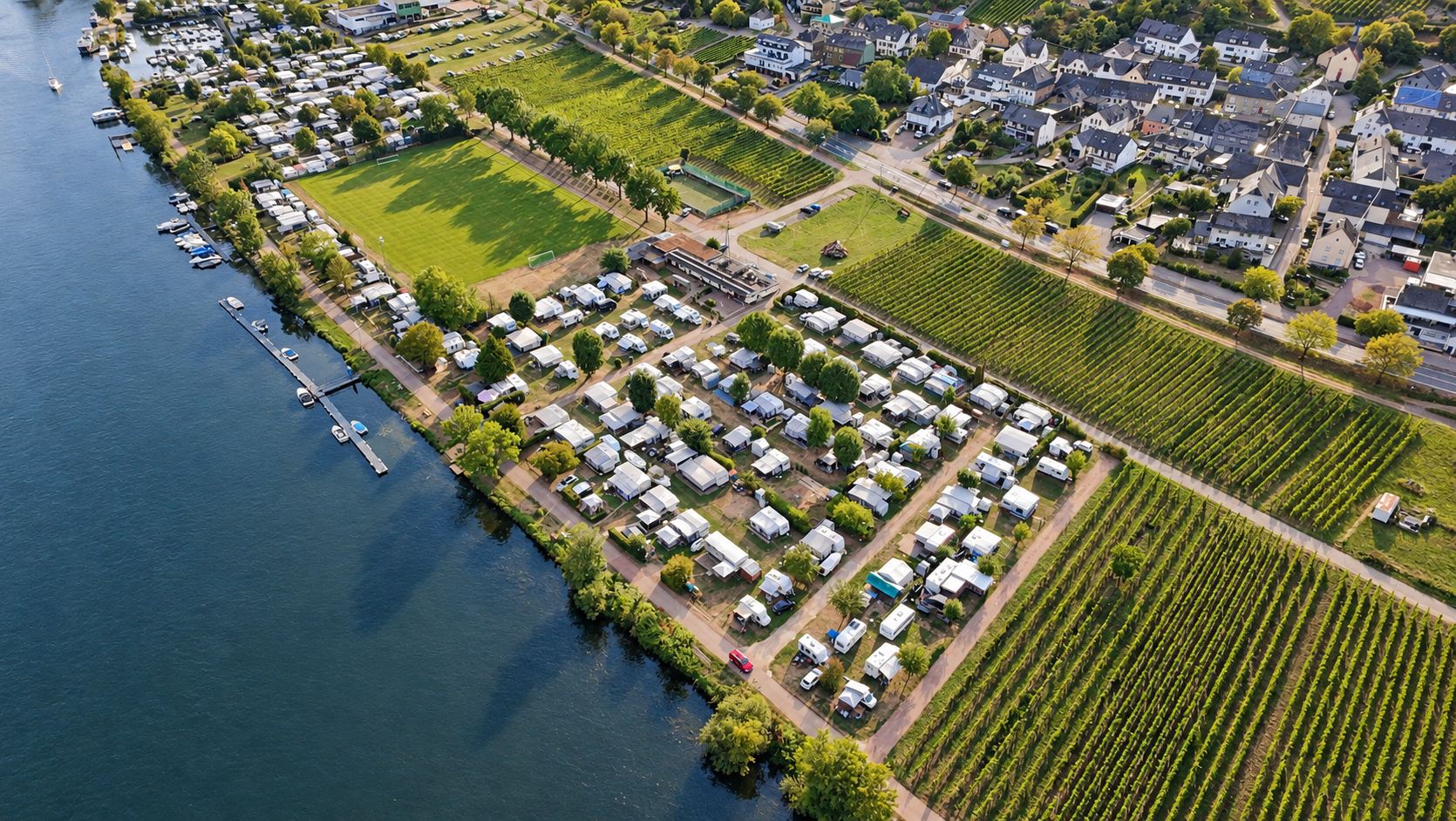 Luchtfoto van de camping tussen de Moezel en de wijngaarden